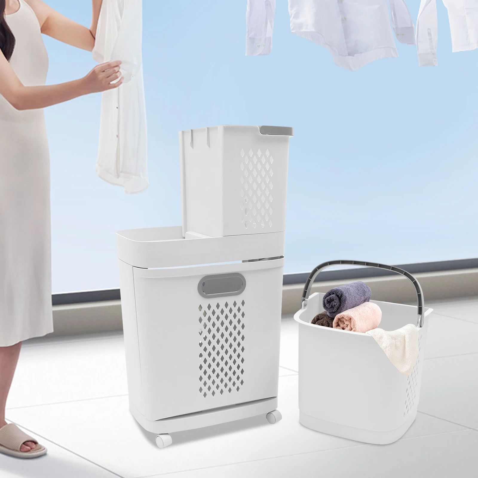 

Movable Household Laundry Basket Clothes Organizers for Bathroom Floor-standing Large Hand-held Laundry Basket with Wheels