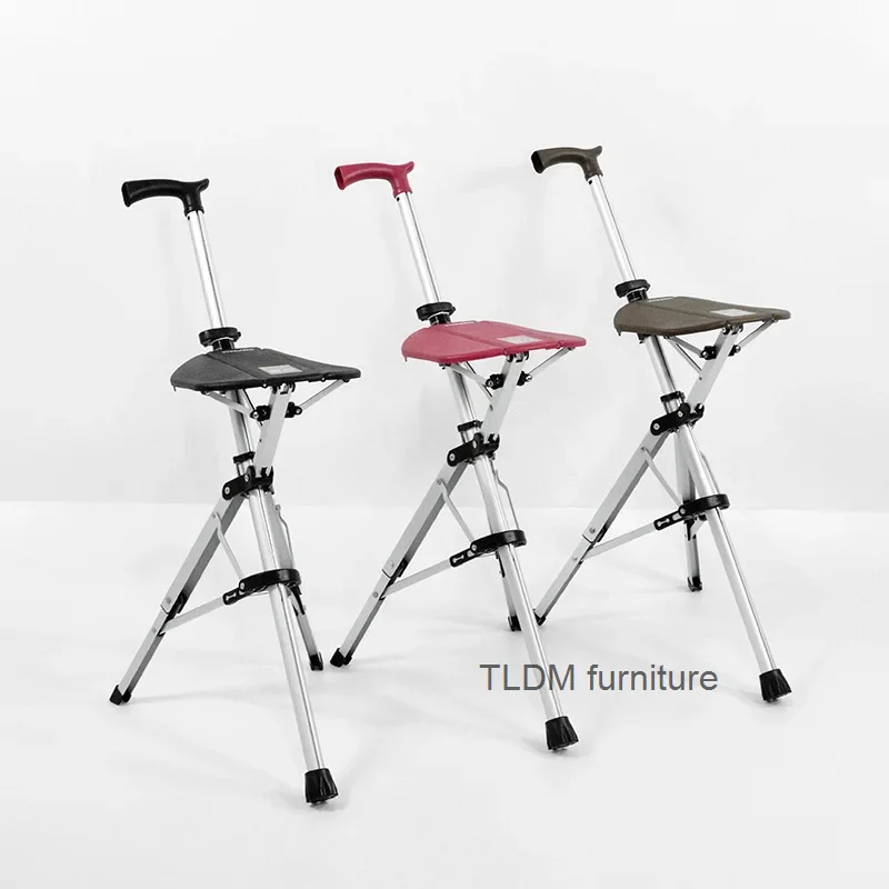 Elderly Crutch Stool with Seat Board Walking Stick Chair Adjustable Lightweight Retractable Multifunctional Tripod Walking Stick