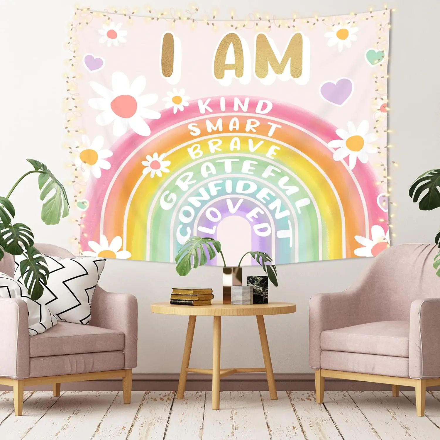 Kids Inspirational Sun and Rainbow Quotes Tapestry - Positive Motivational Words Colorful Wall Hanging