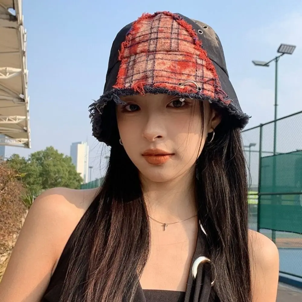 

Vintage Japanese Plaid Bucket Hat Patched Beggar Style Retro Fisherman Hat Bule Splicing Sun Protection Basin Cap Unisex