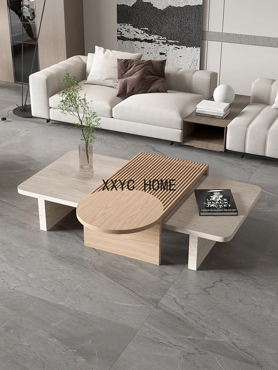 

Minimalist Italian Coffee Table Solid Wood Natural Cave Stone Misty Style Personalized Creative Design High-End Living Room