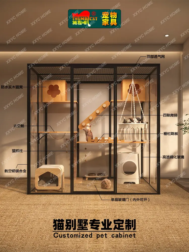 Vidro transparente Cat Casa com Vista Panorâmica, Casa personalizada, Super Large Espaço, Cat Nest, Pet Cabinet, Display Cabinet, Villa Quarto