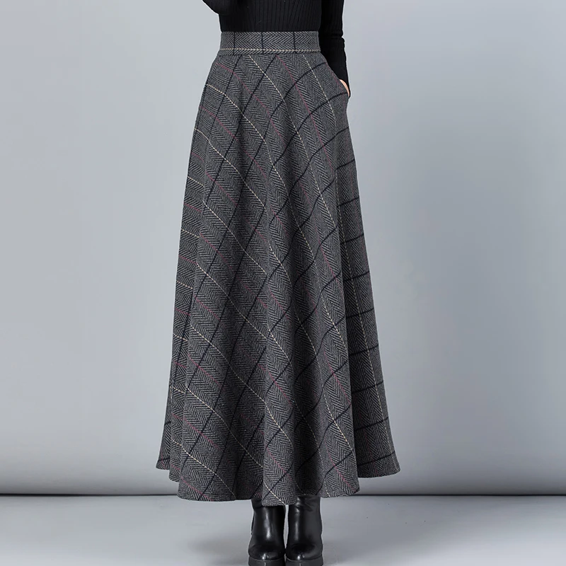 New Women Thick Woolen Skirt Autumn Winter Fashion Elastic High Waist A-Line Long Plaid Skirt Elegant Easy Match Wool Skirt