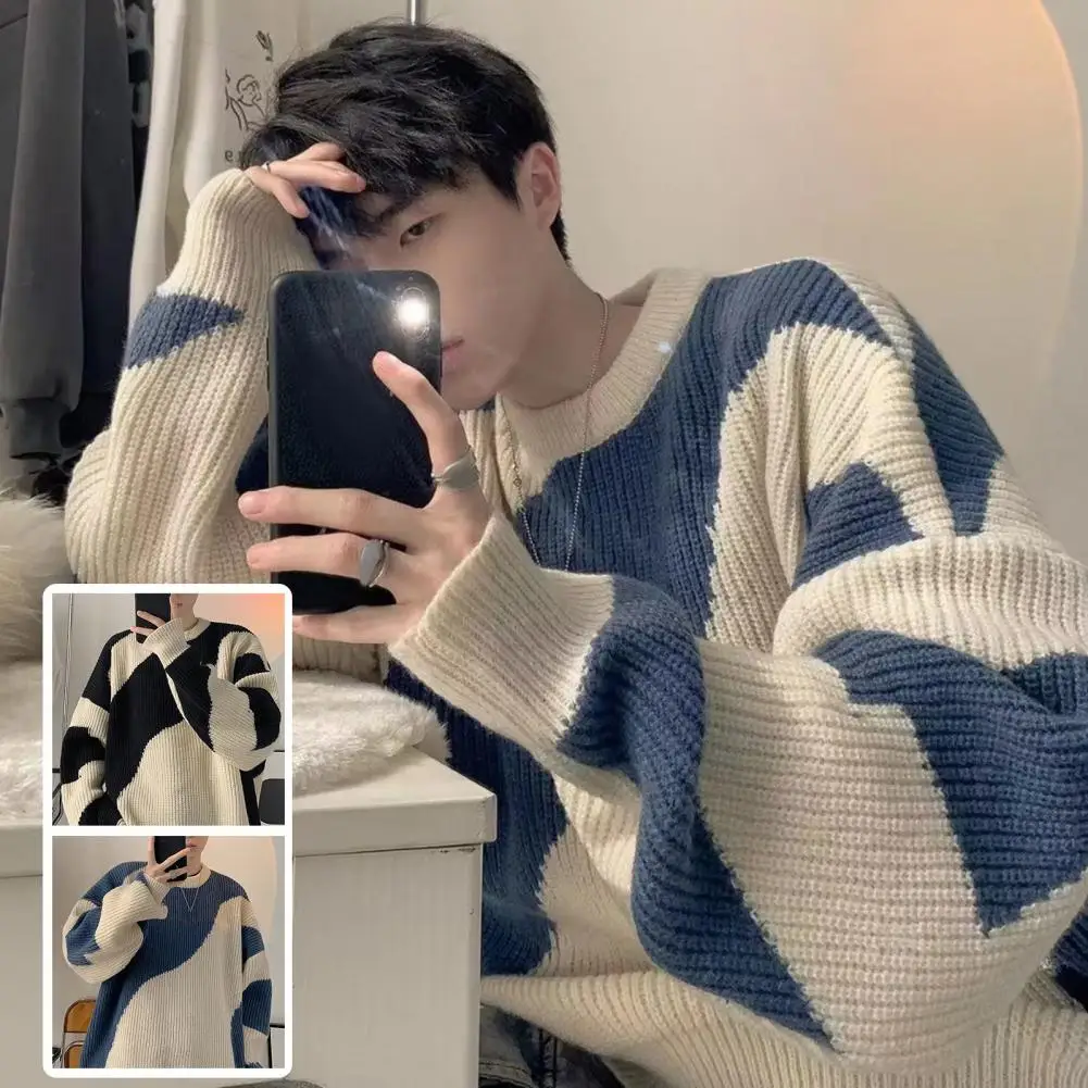 Herbst Oansatz Stricken Pullover für Männer Kuh Patchwork Pullover Männer Lose Beiläufige Harajuku 2023 Koreanische Mode Herren Übergroßen Pullover