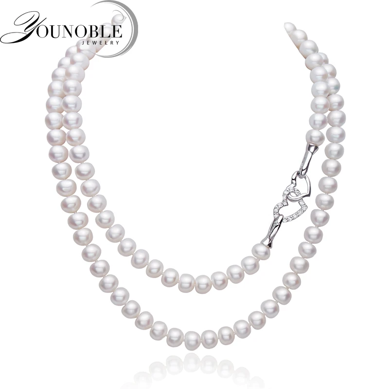 Real White Natural Freshwater Long Pearl Necklace For Women,Wedding 925 Sterling Silver Jewelry Heart Necklace Anniversary Gift