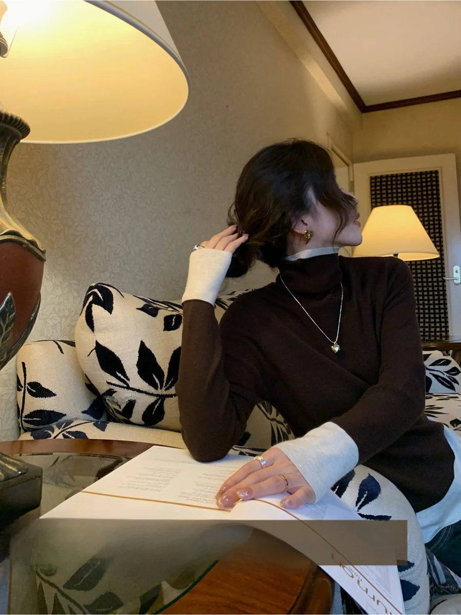 

Color Blo High Ne Wool Blend Knitwear Fake Two-Piece Base Layer Sweater Commute Sle Korean Fit Long Sve Winter Top