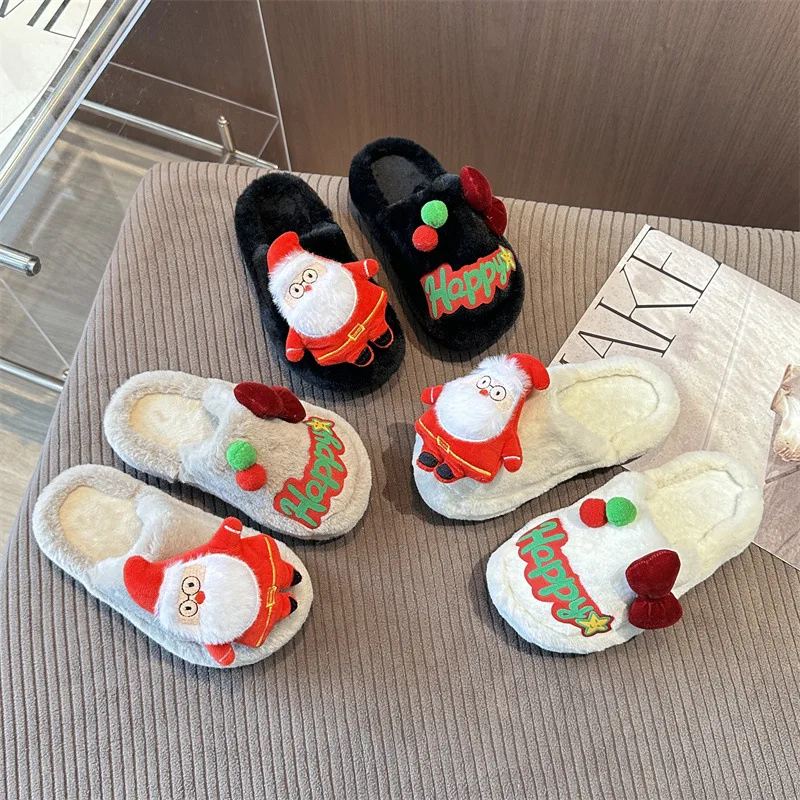 2025 New Autumn Winter Kids Cartoon Plush Christmas Doll Slippers Fashion Soft Sole Furry Slippers for Toddlers