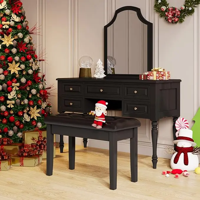 Wooden Duet Piano Bench with Storage, Padded Faux Leather Cushion Seat Piano Stool, Storage Compartment for Music Books