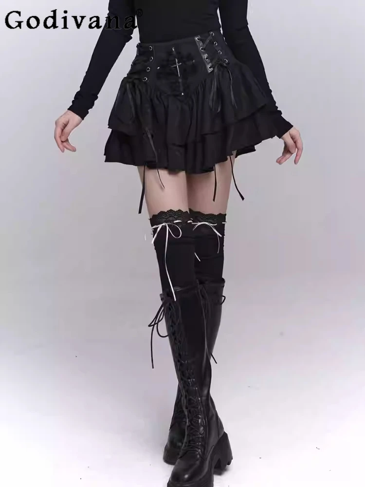 Personality Punk Subculture Y2k Black Lace-up Street Short Skirt Fashion High Waist A-line Versatile Age-reducing Gothic Skirts