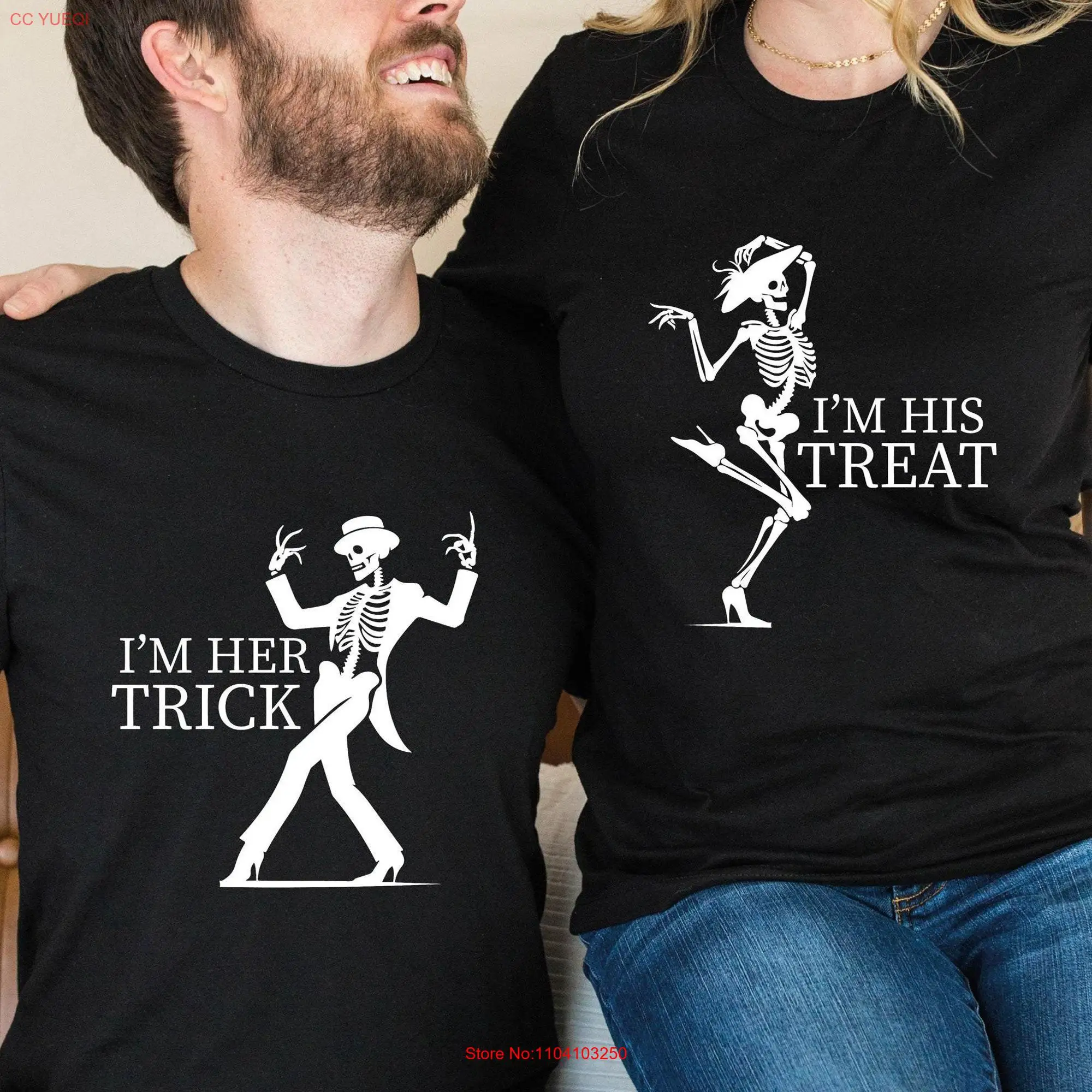 Her Trick His Treat Skeleton Dance T shirt or Couple Funny Family Matching Halloween Dancing long or short sleeves