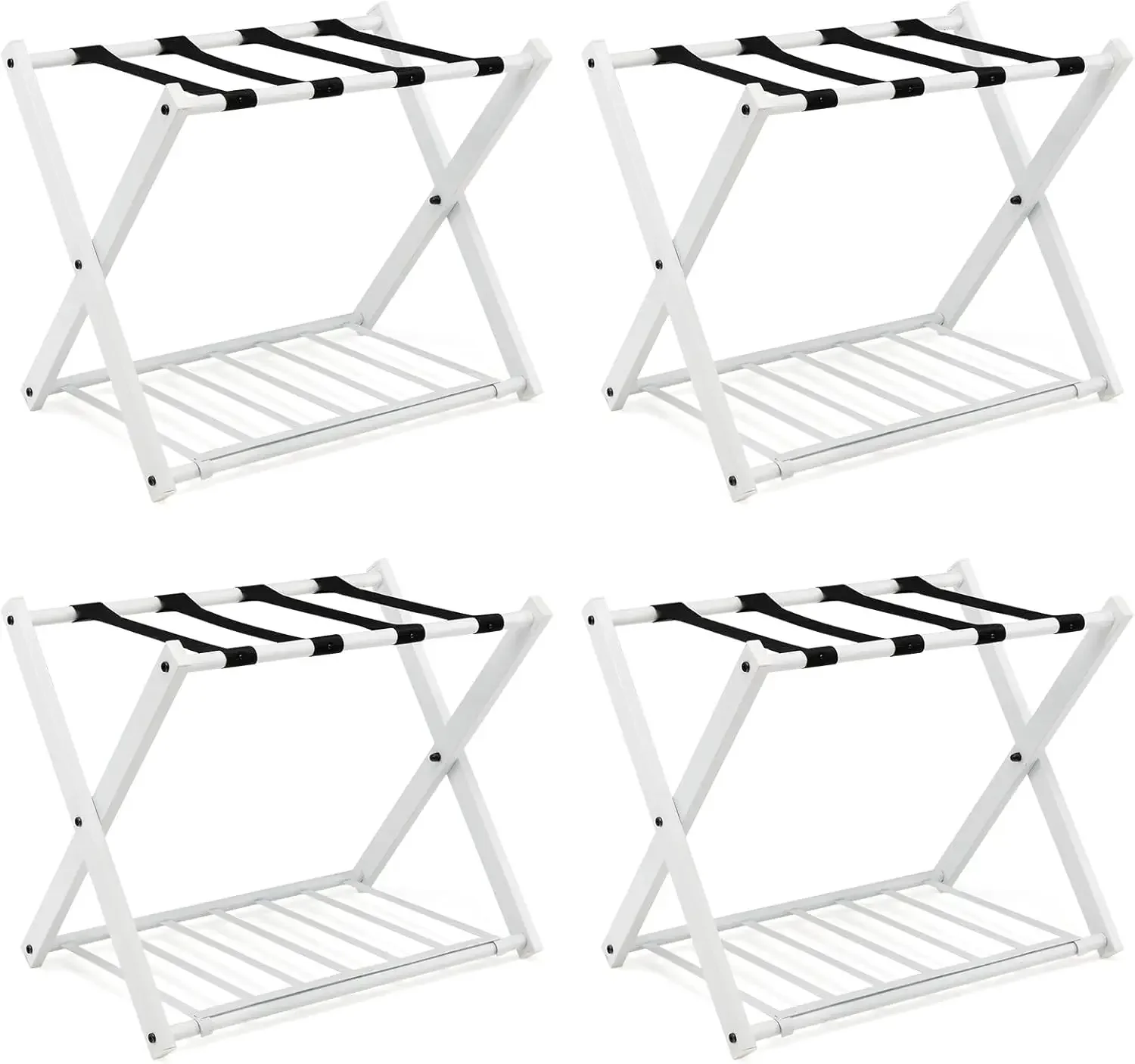 Folding Luggage Rack Pack of 4, 2 Tier Suitcase Stand with Storage Self, Durable Straps, Protective Cover, Large Luggage Holder