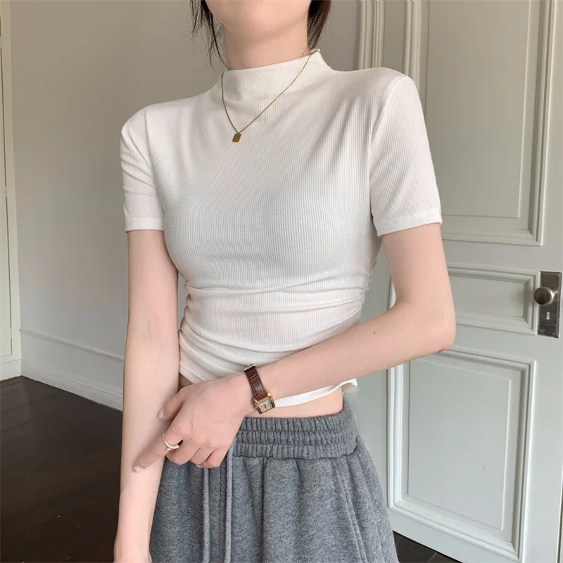 Summer Women Short Sleeve T Shirts 2024 Korean Style Casual Half High Collar Tops Girl Slim Fit Thin Knitted O Neck T-shirt