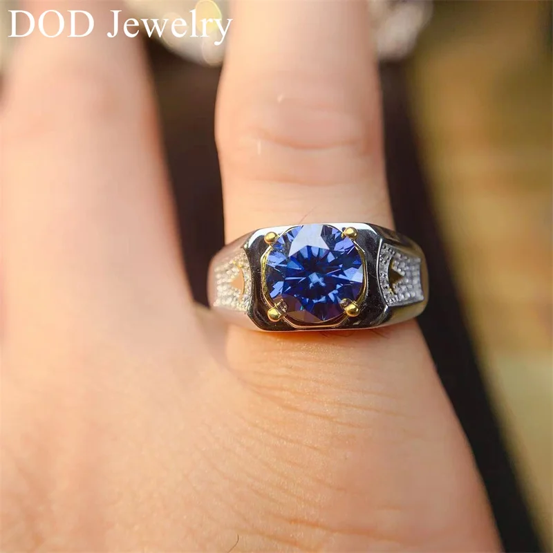 2CT Royal Blue Color Moissanite Diamond Ring for Men 925 Sterling Silver Moissanite Gemstone Wedding Ring Wholesale Gift
