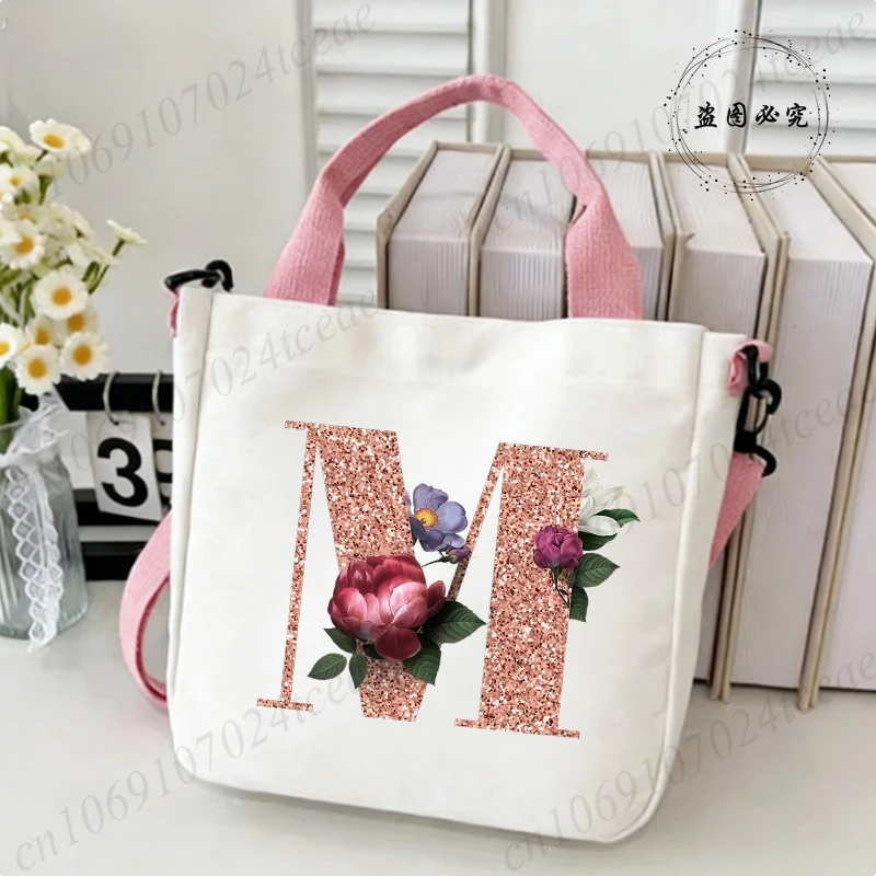 Women's Crossbody Bag Watercolor Flowers with Rose Gold Alphabet Aesthetics Cartoon Shoulder Bags Korean Fashion Messenger Bag