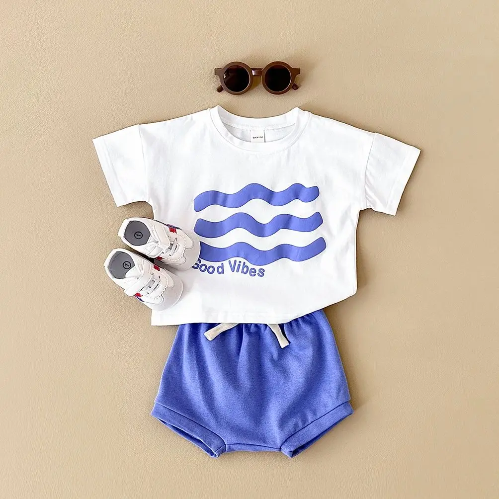 2024 Summer Newborn Girl Clothing Baby Set Flower Print Short Sleeved T-shirt+Beach Shorts Cotton Leisure Vacation Boy Suit 0-3Y