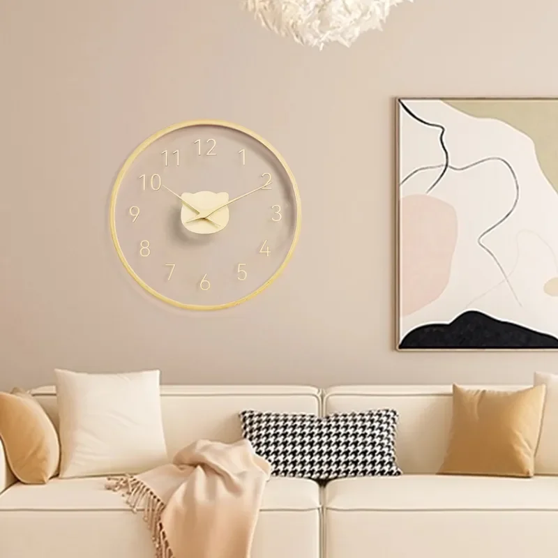 Simple and Elegant Transparent Glass Acrylic Wall Clock with Solid Wood Frame Modern Art Decor for Home Office Living Room