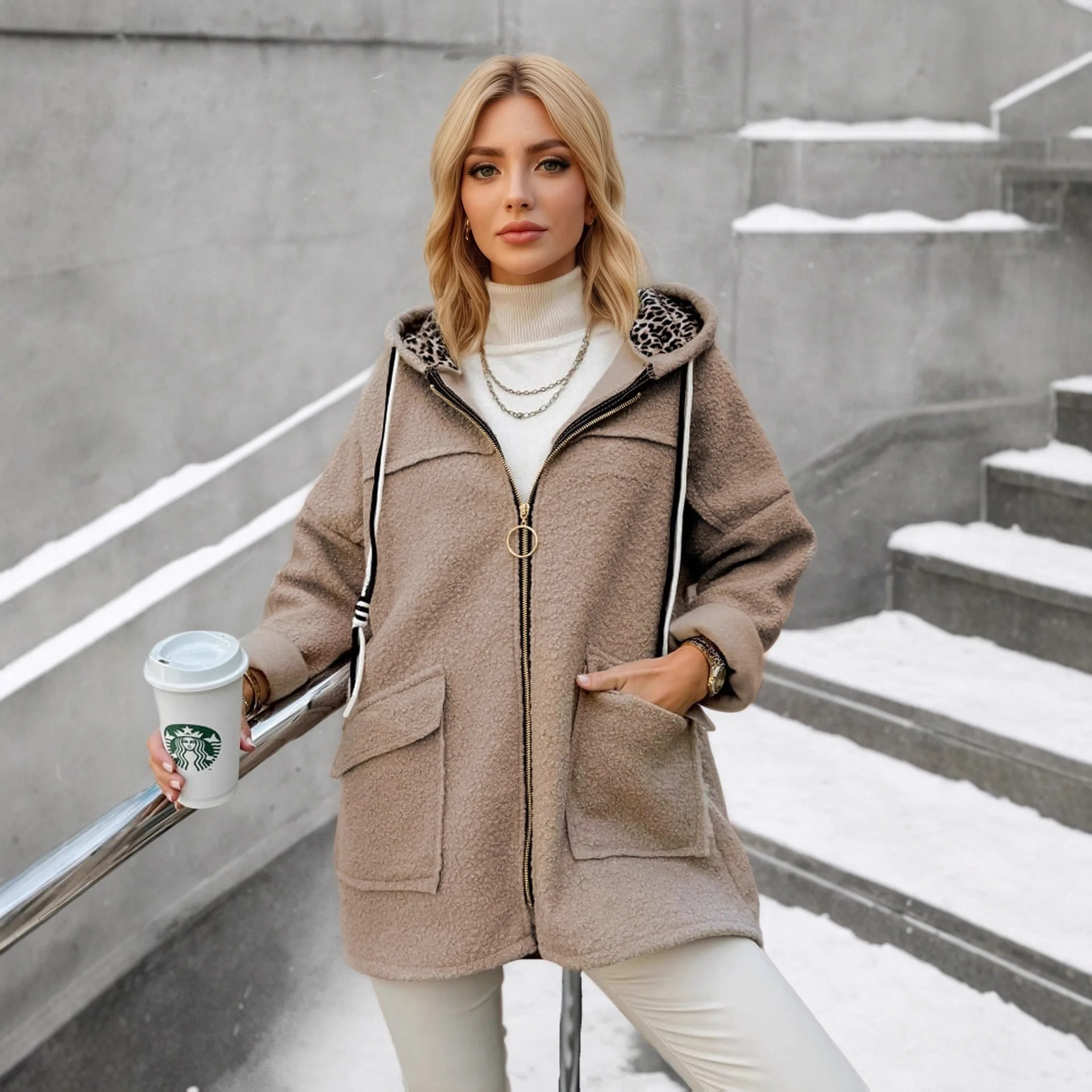 Sherpa Coat Women - Kadınlar için Kışlık Kapüşonlu Peluş Kaban,