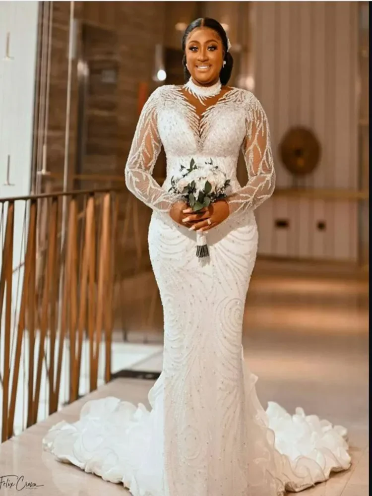 

Customized Gorgerous African Full Beads Sequin Mermaid Wedding Dresses Vestidos De Novia High Neck Illsion Long Sleeves Bridal