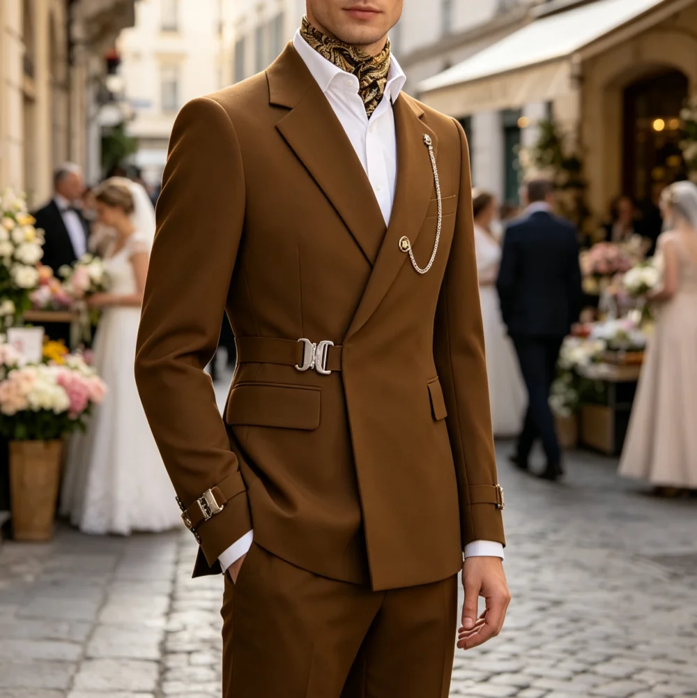 2 Pieces Men's Suits  Metal Buckle Business Slim Fit Stylish Business  Casual Tuxedo Suit For Wedding Groomsemen