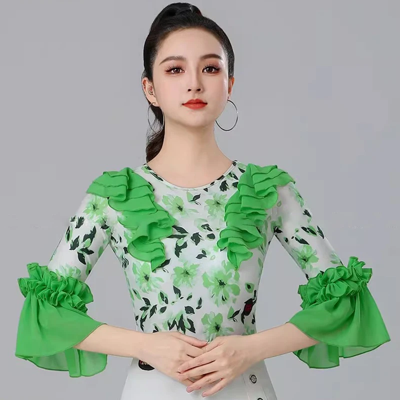 

2025 New Latin Dance Tops for Women Ballroom Leotard Printed Green Elegant Salsa Modern Dance Practice Clothes waltz Blouse