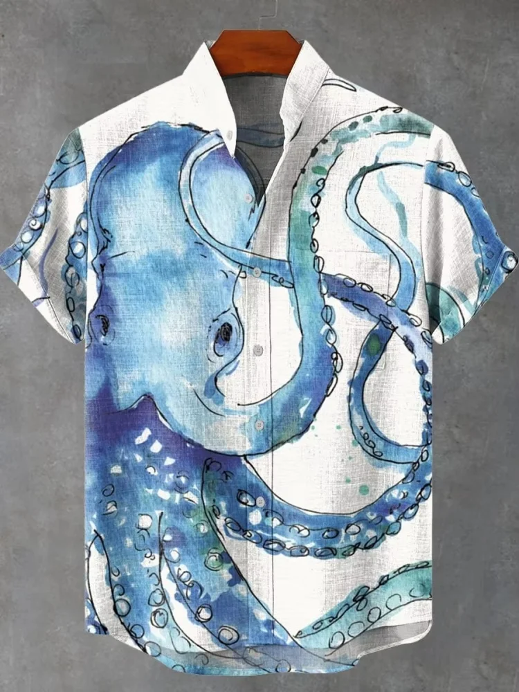 

Japanese Style Octopus Art Linen Shirt Vintage Bohemian Beach Stand Collar Short Sleeve Artistic Men's Office Clothes Tops Big