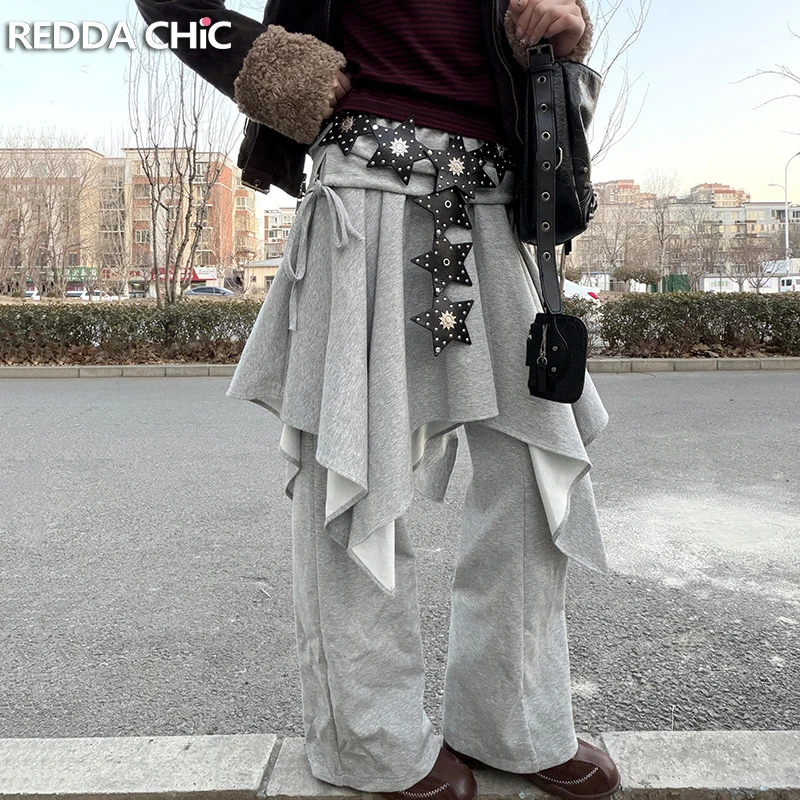 ReddaChic Irregular Skirt Wrap Palazzo Pants Casual Bandage Wide Leg Elastic Waist Layering Gray Sweatpants Korean Streetwear