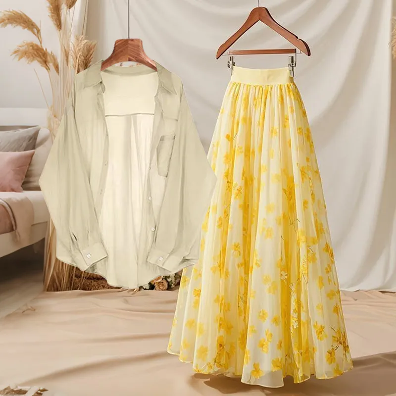 

Summer Outing Loose Thin Long Sleeve Shirt A-Line Midi Skirt Floral Half-Length Skirt Set Women's Fashion Casual Two-Piece Set