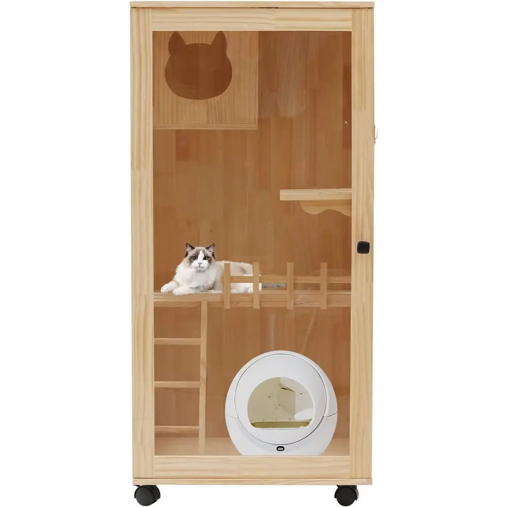 

47.24 Large Wooden Cat House with Wheels, Multi-Level NZ Pine, 0.6 Thick, Clear Door for Indoor Use