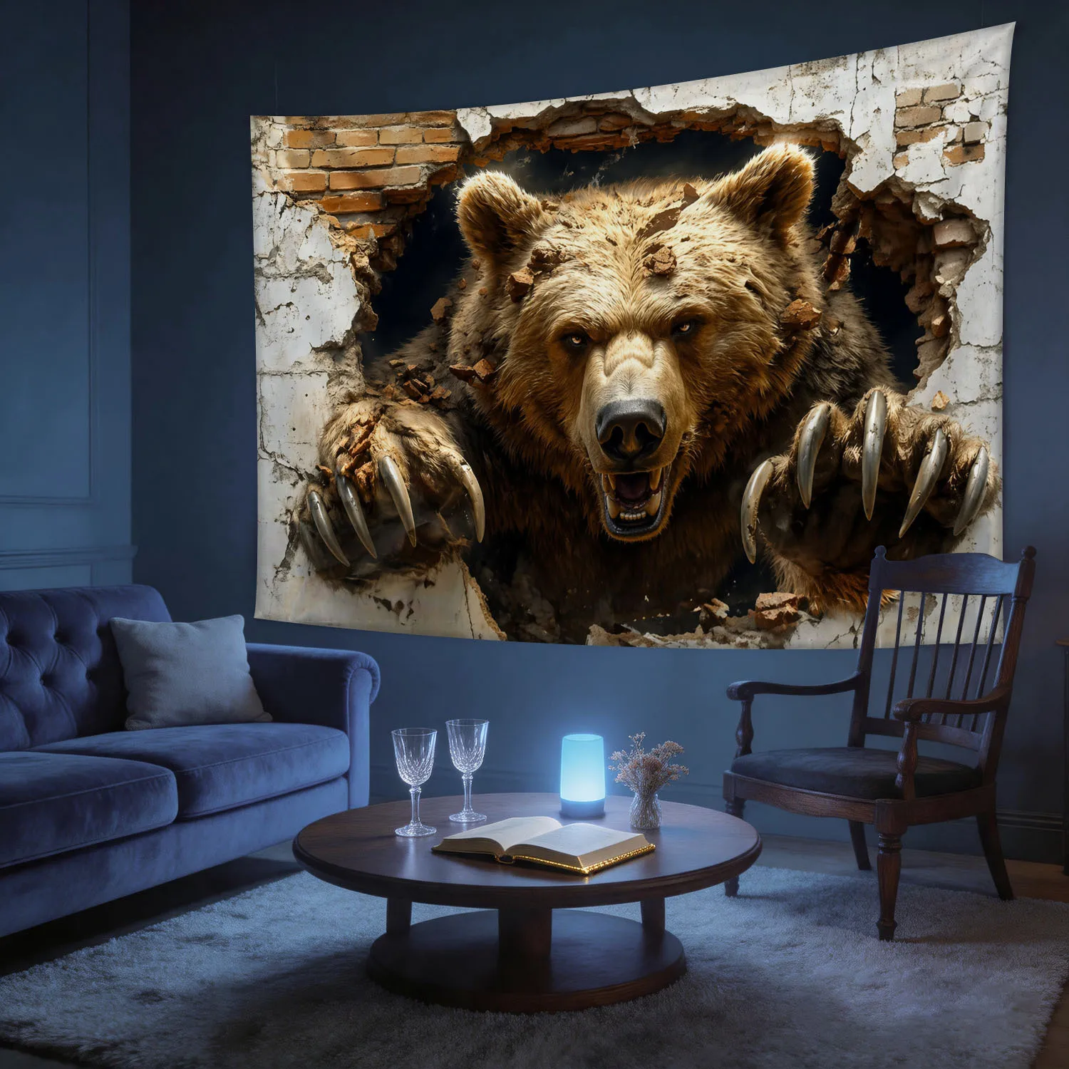 VIKAMA 3D Brown Bear Break Wall Tapestry Realistic Animal Print Wall Hanging for Living Room Bedroom Cool Home Decor