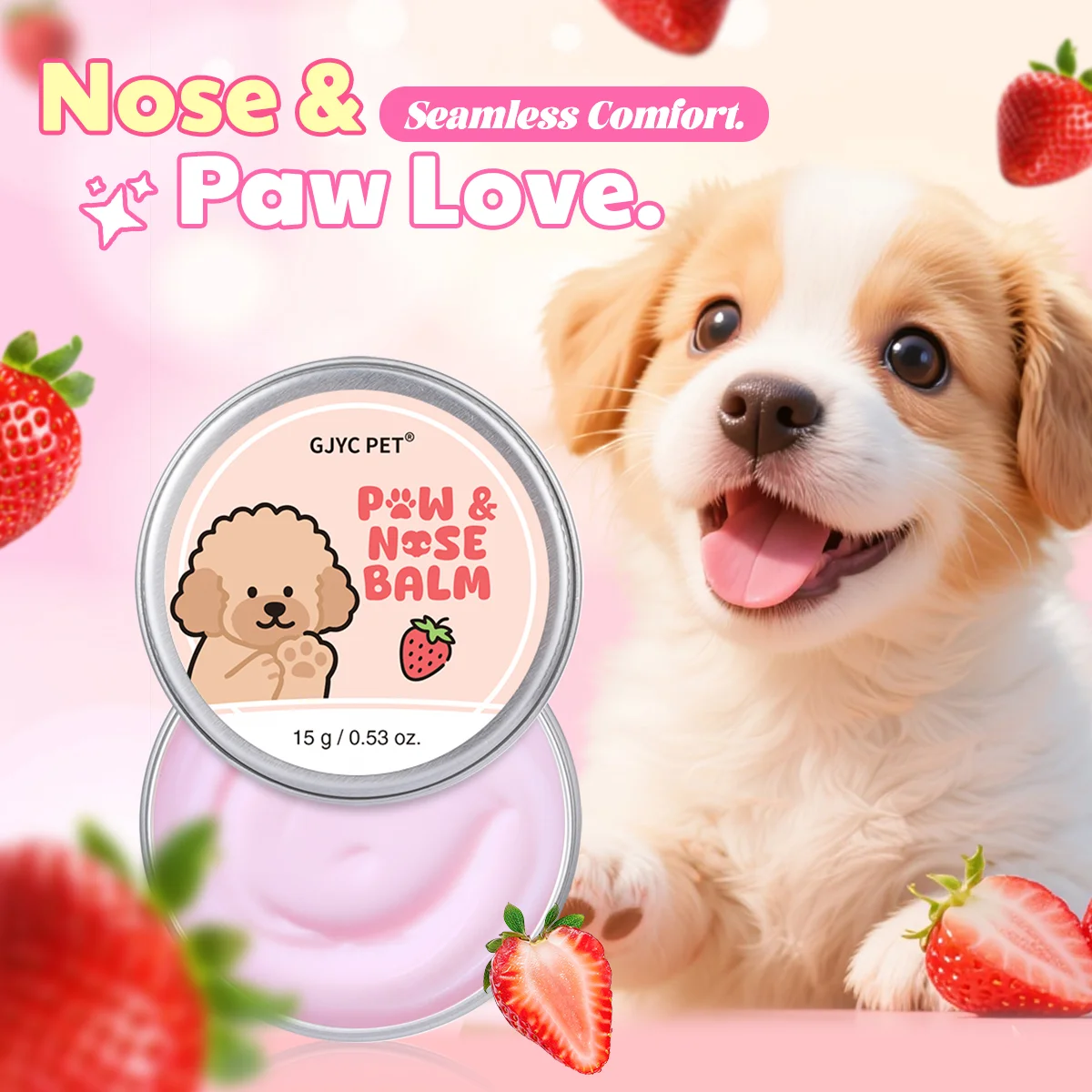 Natural Dog Paw & Nose Balm Strawberry Scent Moisturizing for Dry Cracked Pads Repairs Protects Dogs Cats Daily Paw Care