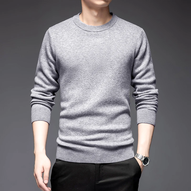 

New 100% Wool Autumn Winter Men's Sweaters Luxury Round Collar Solid Color Computer Knitted Casual Simple Man Sweaters 4XL