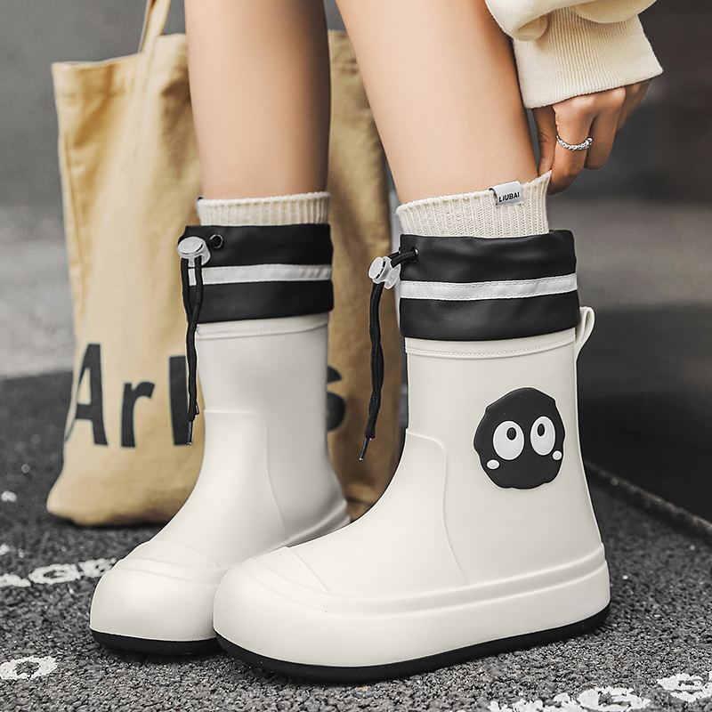  Waterproof Fce Lined Women's Rain Boots Adorable Cartoon Adult Anti-slip oes Wearable All Seasons Versatile Korean Sle 