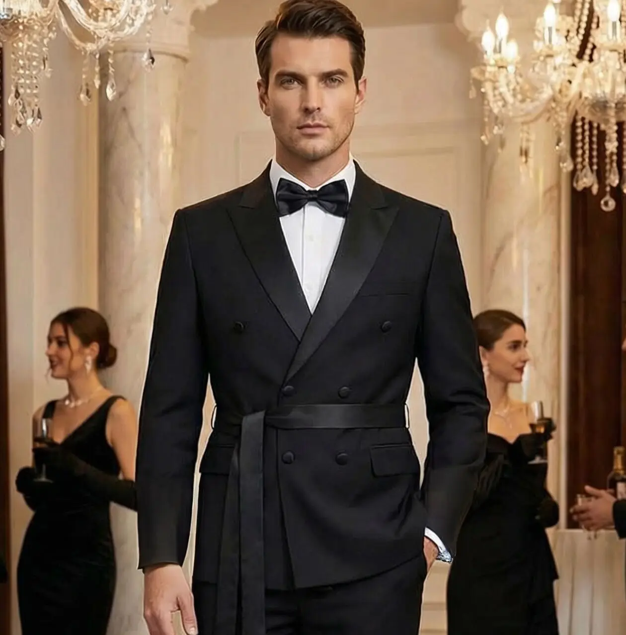 

Мужской черный двубортный пиджак с острым воротником, костюм для свадебной танцевальной вечеринки жениха, комплект из 2 предметов с брюками