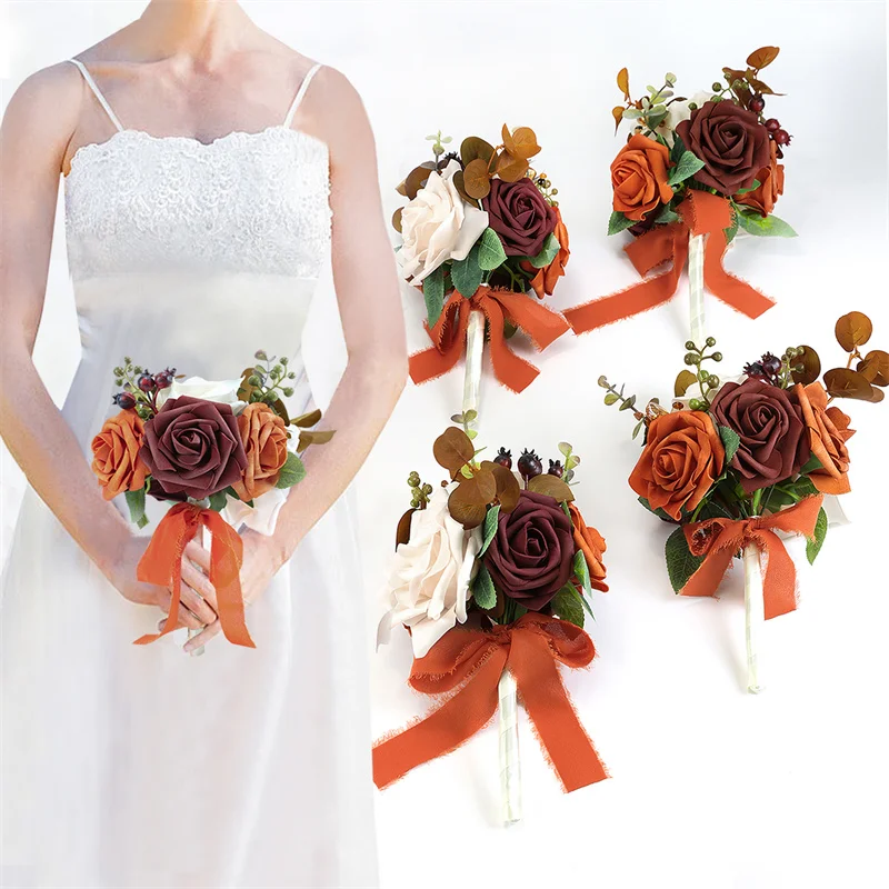 Burnt Orange Wedding Bouquet Centerpieces Flowers Mini Bridesmaid Bouquets Set of 2 Small Floral Fall Wedding Decorations