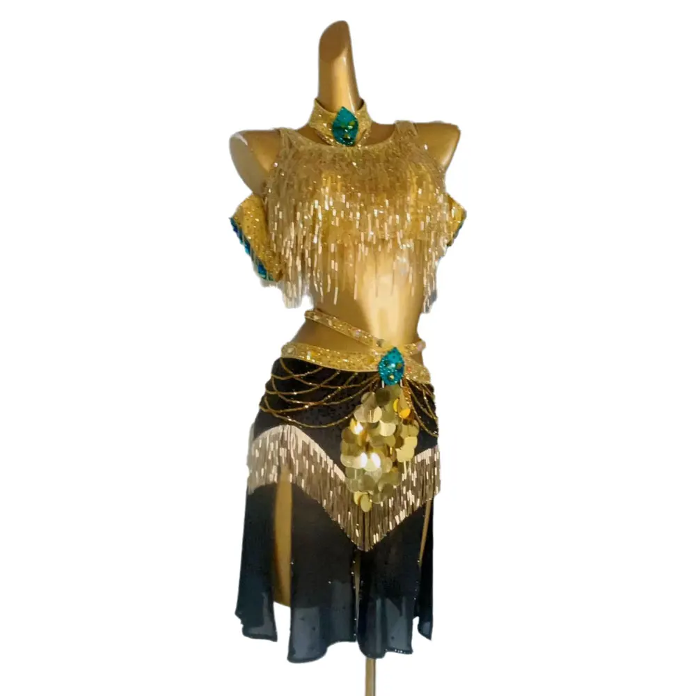 Costume de danse latine avec strass pour femmes, haut de gamme, personnalisé, noir, or, couleur assortie, perles dorées, Tube, pompon, robe de spectacle Samba