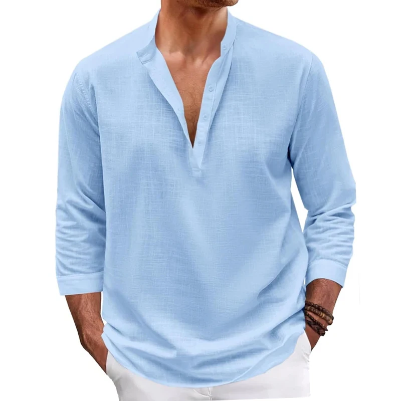 Mens Cotton Henley Long Sleeve Shirt Retro Hawaiian Casual Tops Premium Breathable Tee Lightweight Outdoor Hiking Outerwear