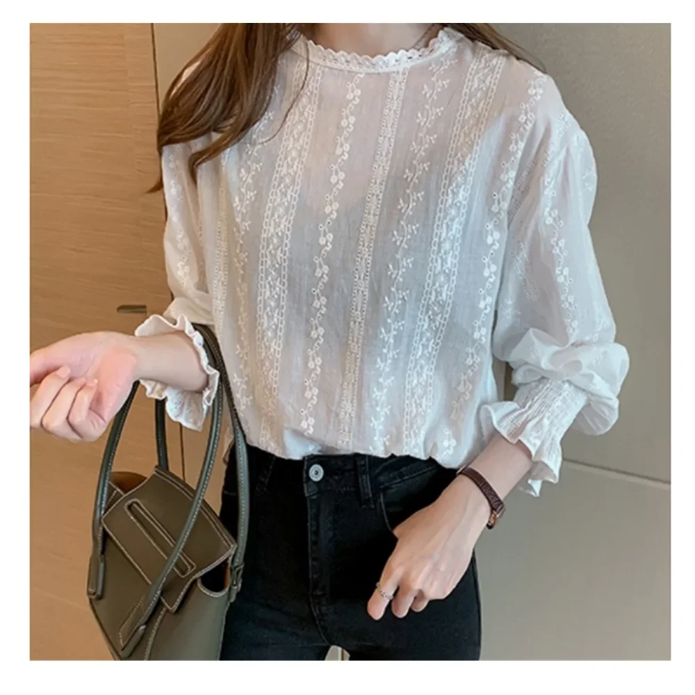 

Womens White Tops Blouses 2024 Cotton Linen Blouse Button Solid Stand Collar Ladies Lace Tops Women Ruffle Shirt Blusas Feminine