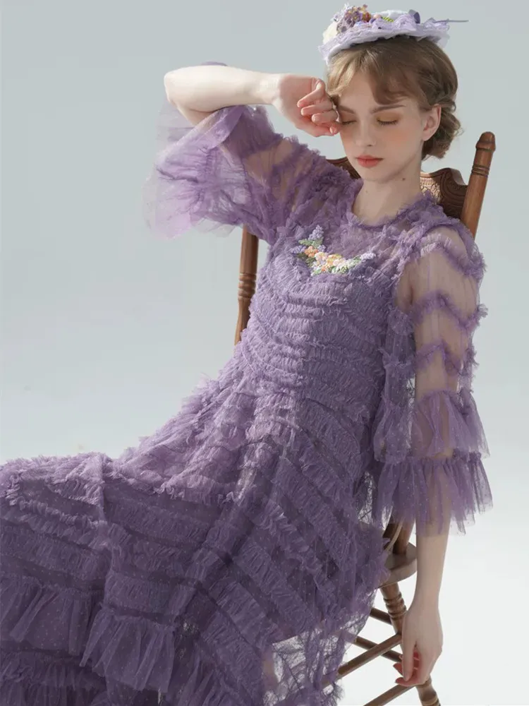 

90-102cm Bust Spring Summer Evening Birthday Dresses Women Vintage Elegant Slim Handmade Embroidered Ruffled Purple Maxi Dresses