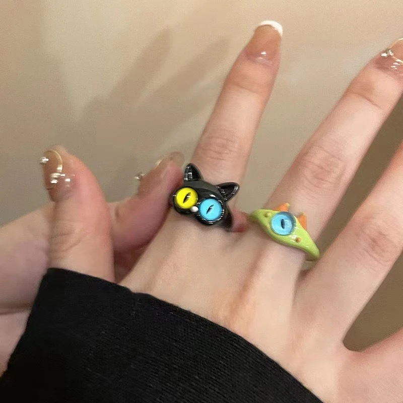 Cute Green Monster Rings Fashion Sweet Two Color Cat Eyes Opening Adjustable Ring For Women Wedding Finger Accessories Jewelry