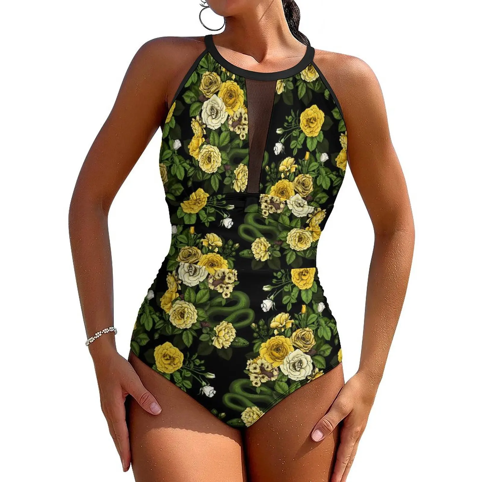 

Rose Print Swimsuit Yellow and Green Push Up Swimwear One Piece Holiday Surf Bathing Suits Swimsuits Sexy Beach Wear Large Size