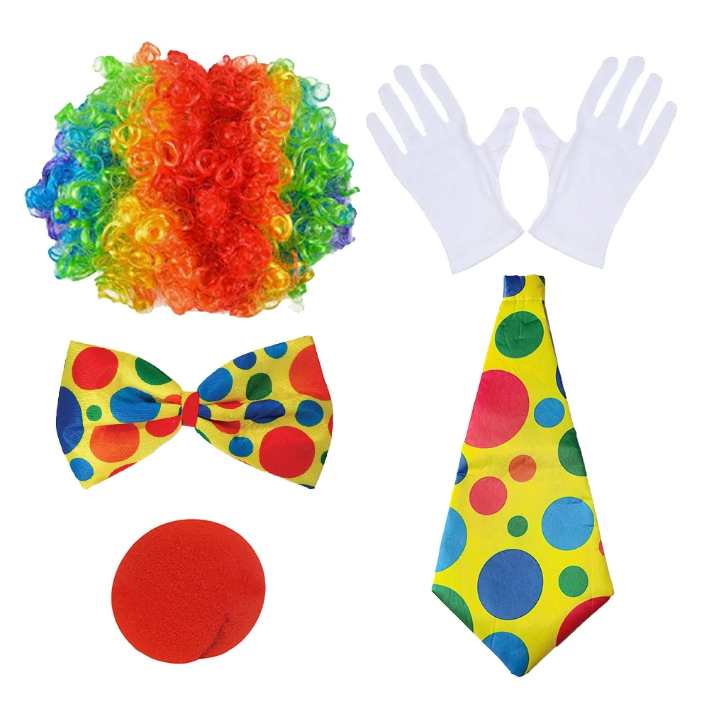 

Clown Costume Set with Wig Giant Tie Bow Tie Gloves and Nose Funny Party Accessories