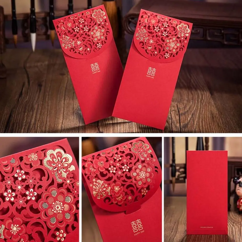 

6pcs Laser Engraving Chinese Red Envelopes Hollow Rectangular Red Packet Three-dimensional Embossed Lucky Money Bag Business