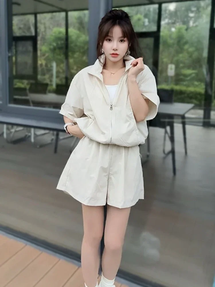 

Plain Short Sets for Women 2 Pieces Apricot Loose Quick-drying Woman Shorts With Jacket Summer Fashion 2025 Korean Style Stylish