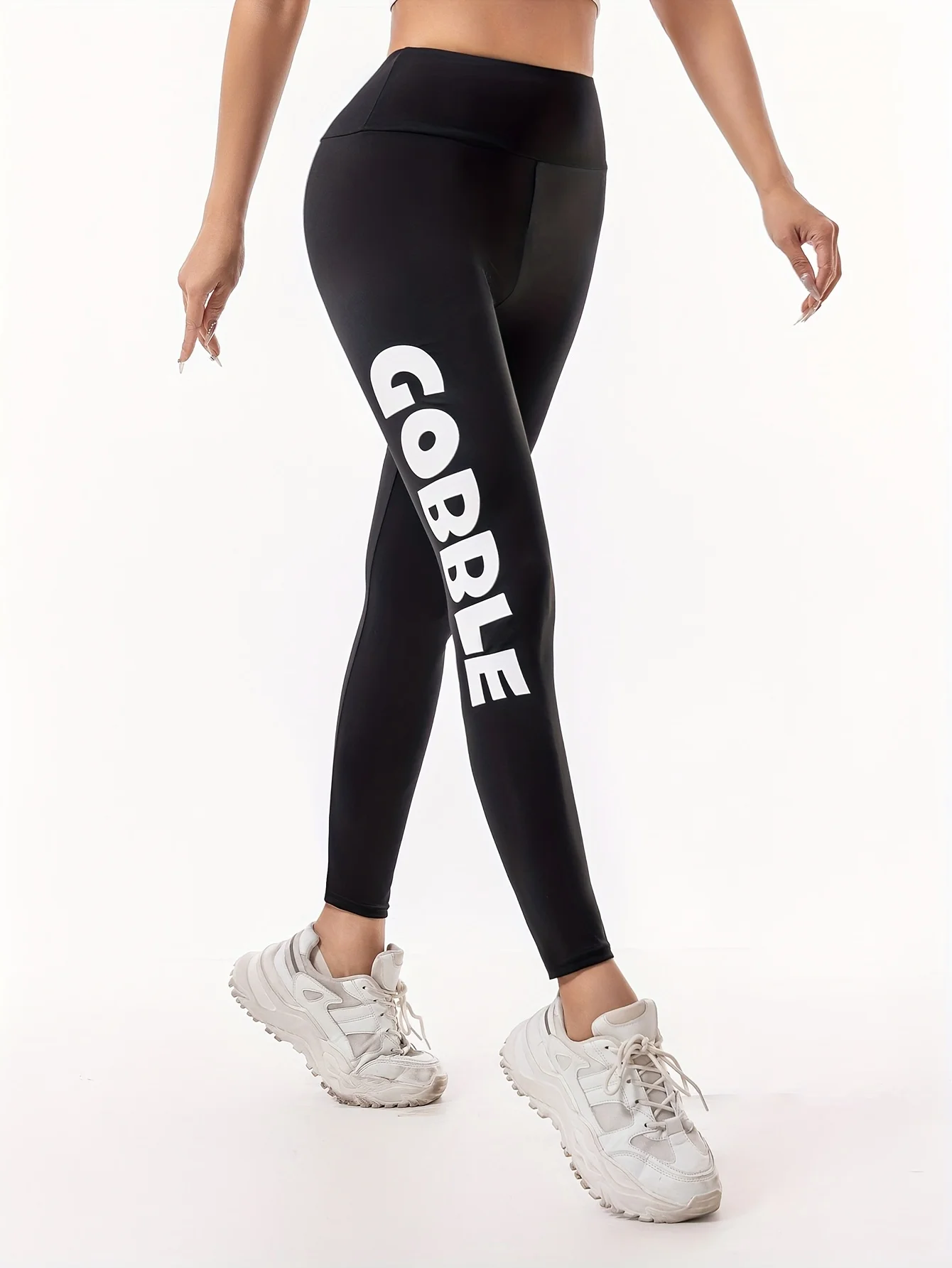 Women Printed Letter Leggings, Thin Stretch Skinny Ankle Length Pants, Black Slim Fit Casual Trousers for Spring & Autumn