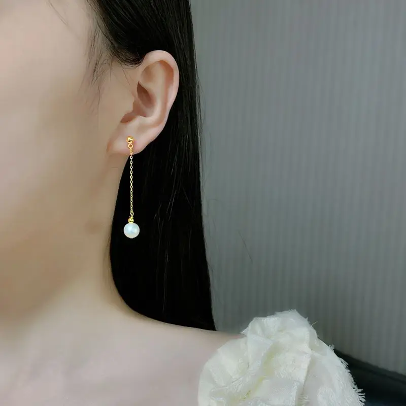 

Real 18K Gold Natural Freshwater Pearl Drop Long Earrings Pure Gold Earring Pins for Women Fine Jewelry Gift AU750 e567