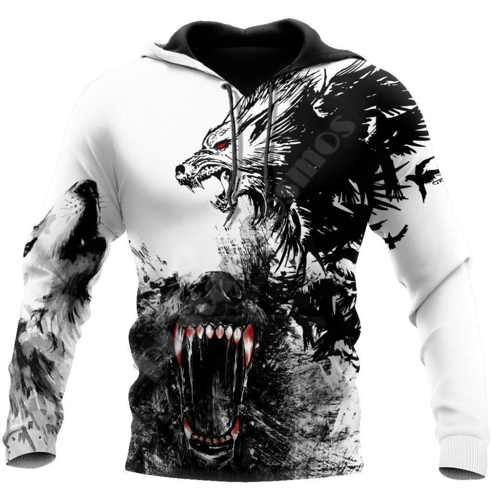 Men's Women's Fashion Jacket Casual Loose Long Sleeve Sweatshirt Black Pullover 3D Full Print Hoodie Wolf Camouflage Hoodie