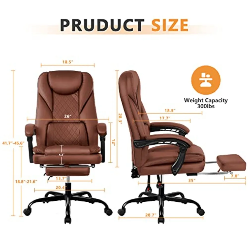 Office Chair,with Foot Rest Reclining Leather Chair High Back Home Office Desk Chairs with Lumbar Support Brown Office Chair