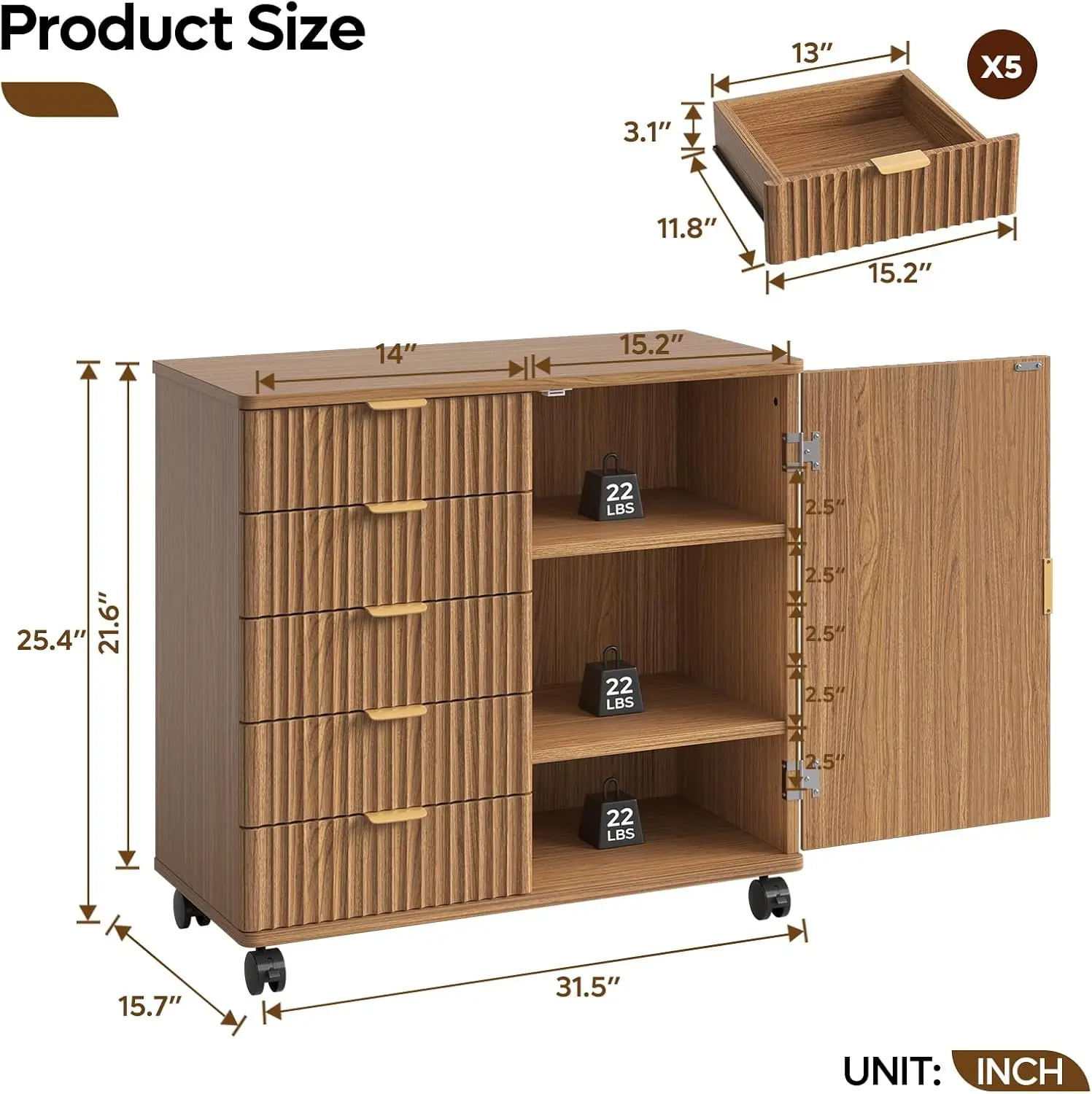 Five Drawer Mobile Wood Cabinet, Modern Office Storage Organizer Unit Featuring Decorative Fluted Panel And Adjustable Shelf For Home Workplace Printer Stand, Brown
