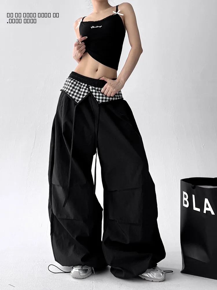 

Retro American Plaid Folded Wide Leg Paratrooper Pants Women's Summer 2025 Versatile Design Casual Trousers High Waist Nylon