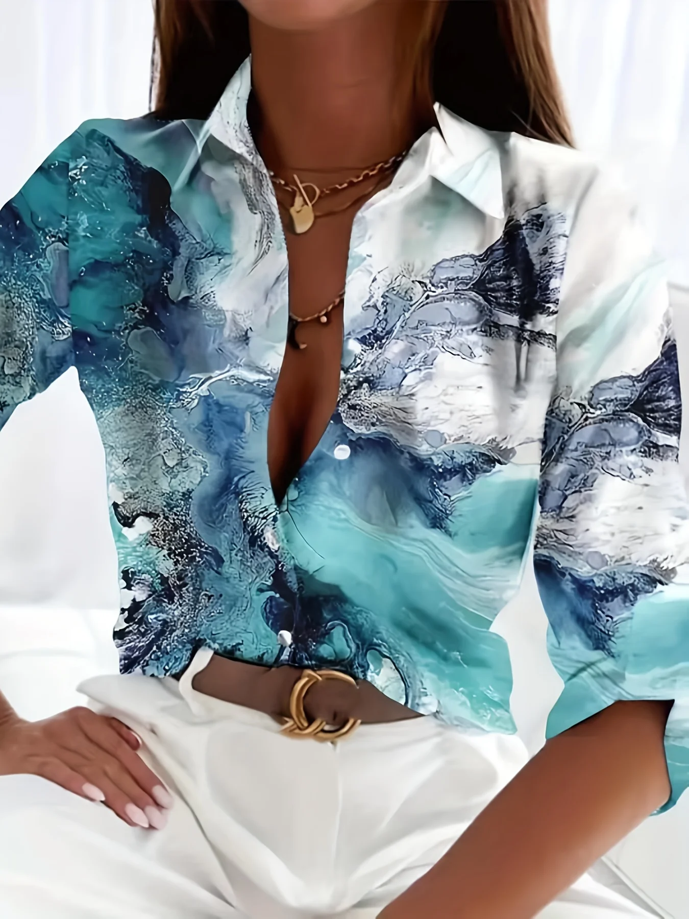 

Marble Print Polo Collar Shirt, Casual Button Long Sleeve Shirt Spring Autumn, Womenswear